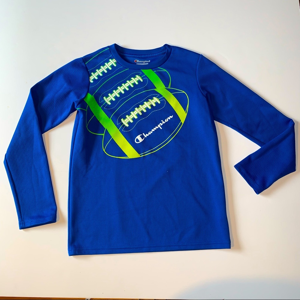 Champion boys size M, long sleeve performance top blue, green football design.